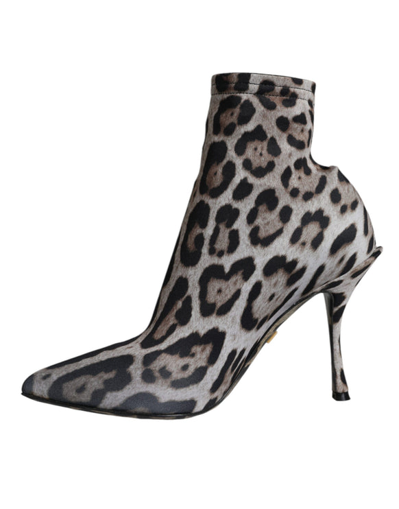 Gray Leopard Stretch Heels Ankle Boots Shoes