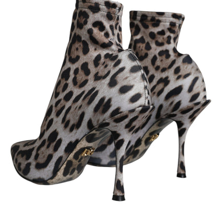 Gray Leopard Stretch Heels Ankle Boots Shoes