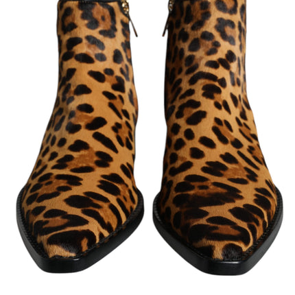 Brown Leopard Calf Fur Ankle Boots Shoes