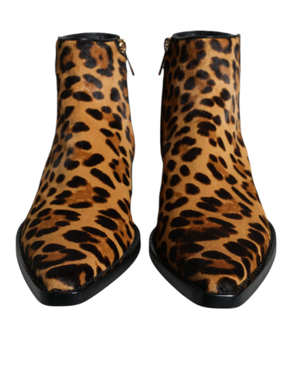 Brown Leopard Calf Fur Ankle Boots Shoes