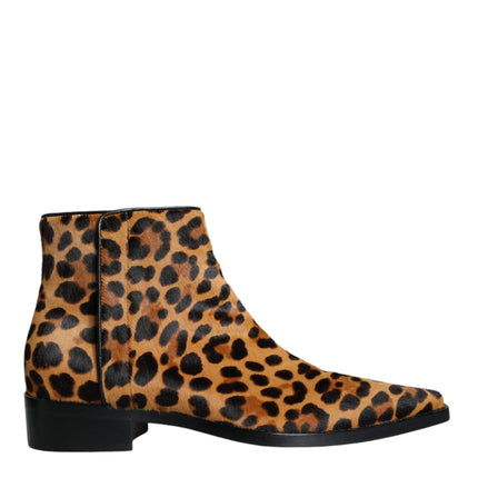 Brown Leopard Calf Fur Ankle Boots Shoes