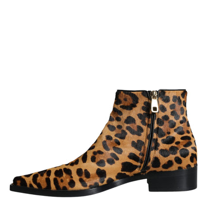 Brown Leopard Calf Fur Ankle Boots Shoes