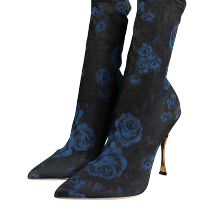 Black Floral Stretch Mid Calf Boots Shoes