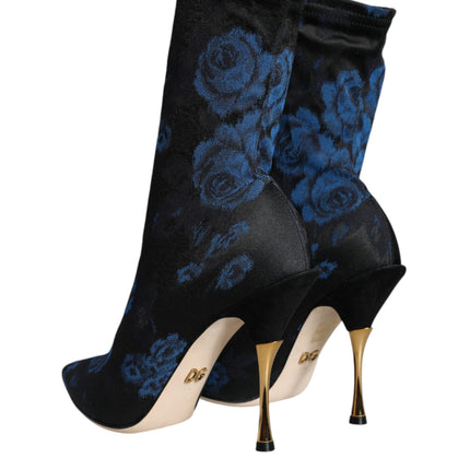 Black Floral Stretch Mid Calf Boots Shoes