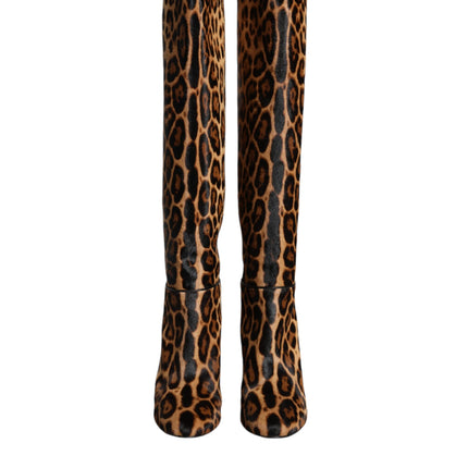 Beige Black Leopard Knee High Boots Shoes