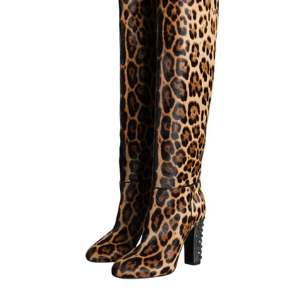 Beige Black Leopard Knee High Boots Shoes