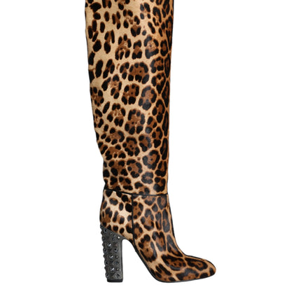 Beige Black Leopard Knee High Boots Shoes