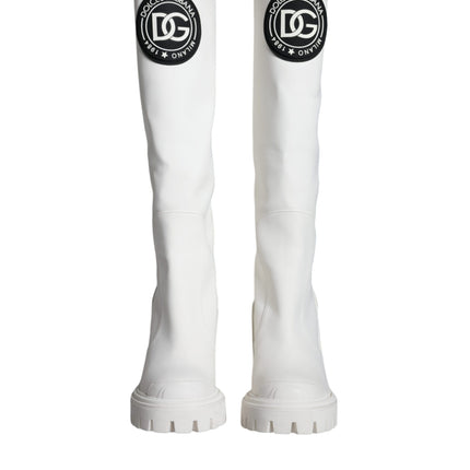 White Cotton Logo Heels Knee High Boots Shoes