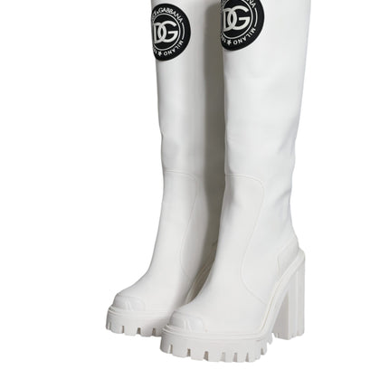 White Cotton Logo Heels Knee High Boots Shoes