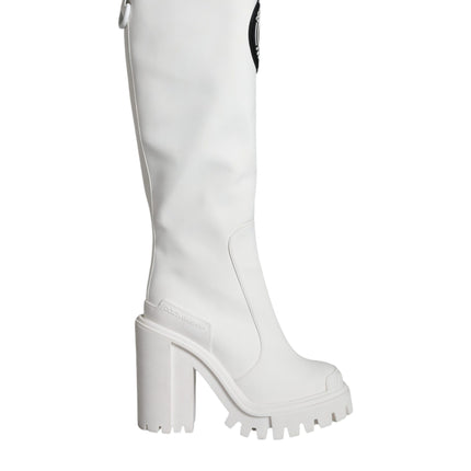 White Cotton Logo Heels Knee High Boots Shoes