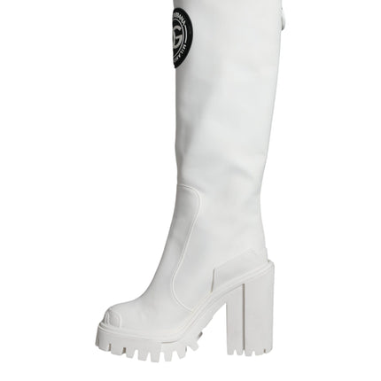 White Cotton Logo Heels Knee High Boots Shoes