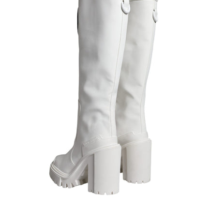 White Cotton Logo Heels Knee High Boots Shoes