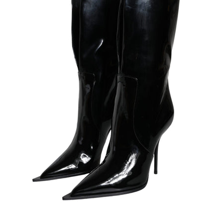 Black Patent Leather Mid Calf Boots Shoes