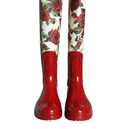 Red Floral Rubber Knee High Flat Boots Shoes