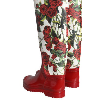 Red Floral Rubber Knee High Flat Boots Shoes