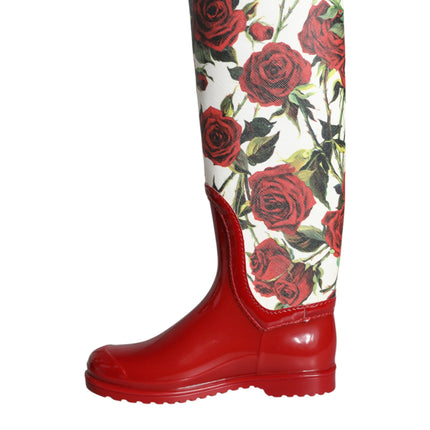 Red Floral Rubber Knee High Flat Boots Shoes