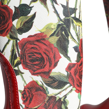 Red Floral Rubber Knee High Flat Boots Shoes