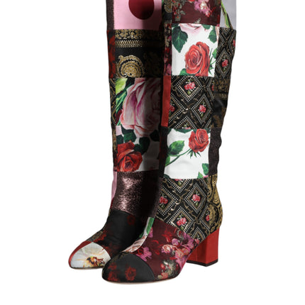 Multicolor Patchwork Print Heeled Boots Shoes