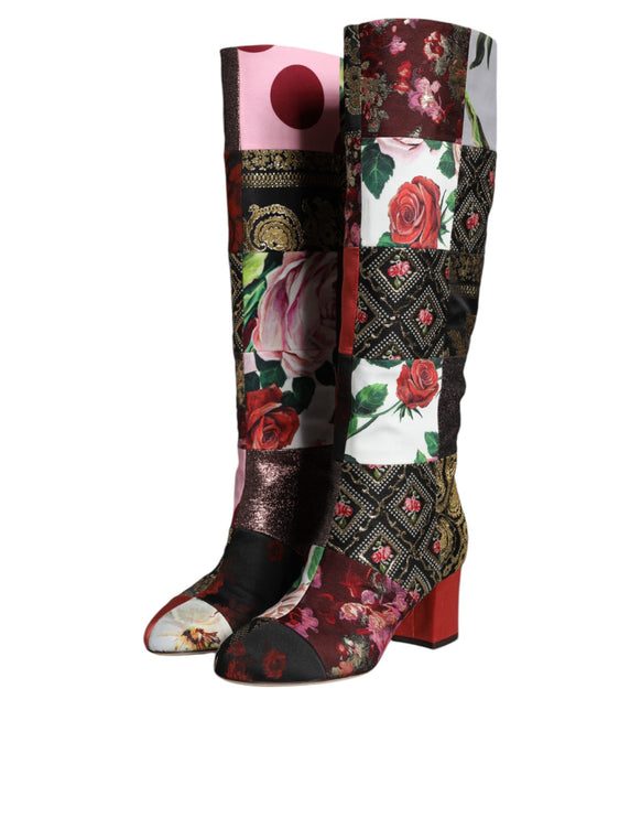 Multicolor Patchwork Print Heeled Boots Shoes