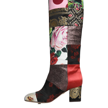 Multicolor Patchwork Print Heeled Boots Shoes