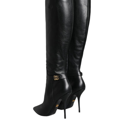 Black Leather Gold Tone Logo High Boots Shoes