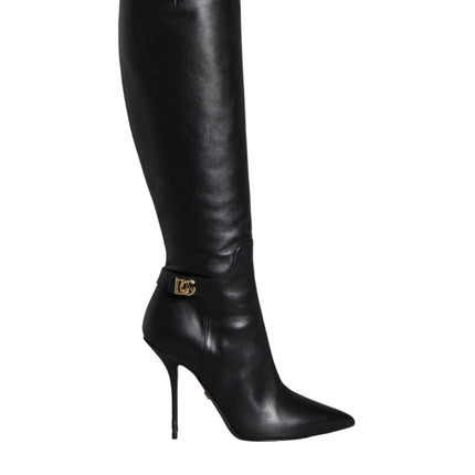 Black Leather Gold Tone Logo High Boots Shoes