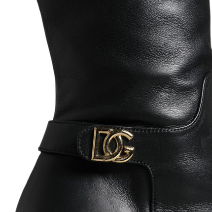 Black Leather Gold Tone Logo High Boots Shoes