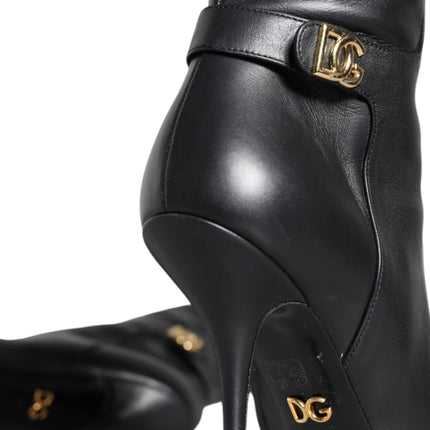 Black Leather Gold Tone Logo High Boots Shoes