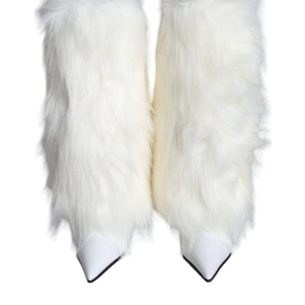 White Fur Leather Heels Mid Calf Boots Shoes