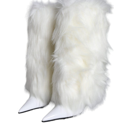 White Fur Leather Heels Mid Calf Boots Shoes