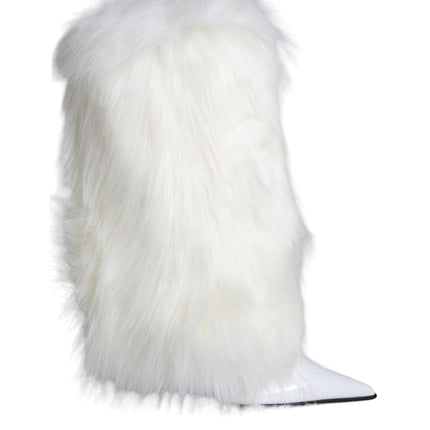 White Fur Leather Heels Mid Calf Boots Shoes