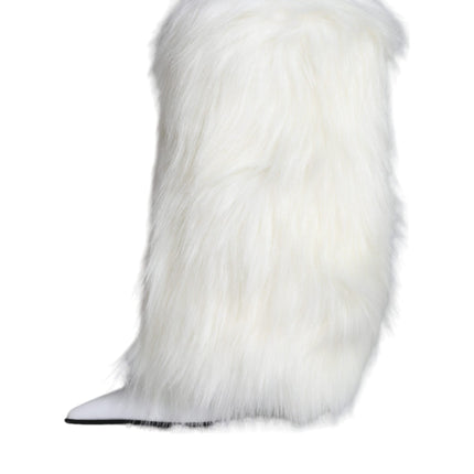 White Fur Leather Heels Mid Calf Boots Shoes