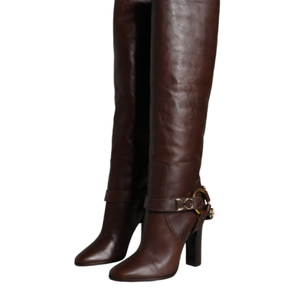 Brown Leather Gold Tone Logo High Boots Shoes