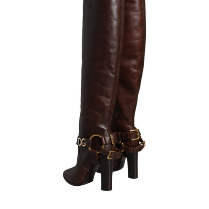 Brown Leather Gold Tone Logo High Boots Shoes