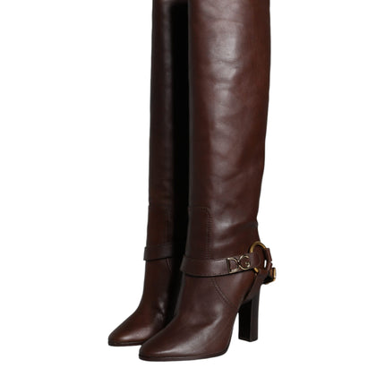 Brown Leather Gold Tone Logo High Boots Shoes