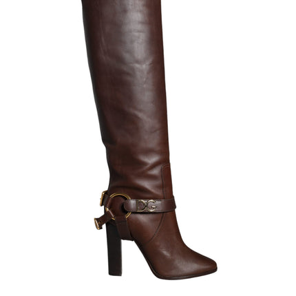 Brown Leather Gold Tone Logo High Boots Shoes