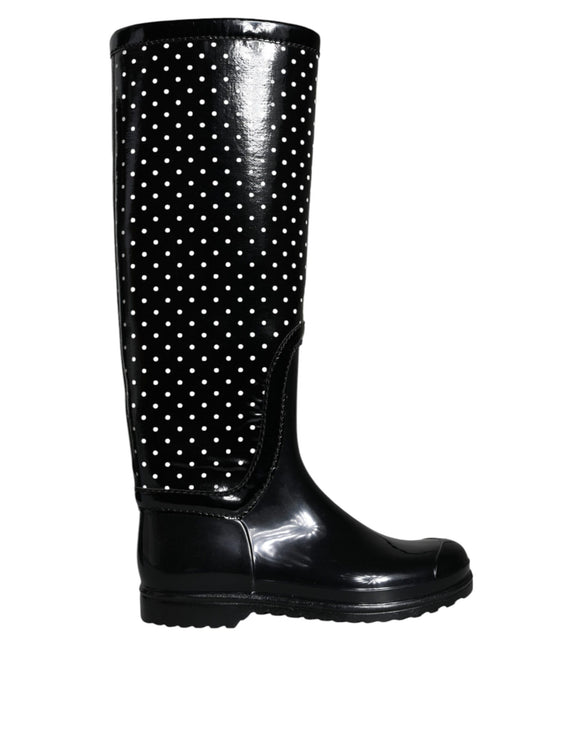 Black Polka Dot Rubber Knee High Boots Shoes