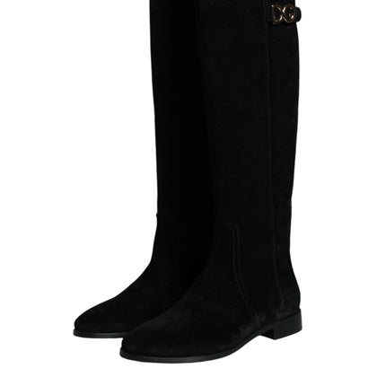 Black Suede Leather Knee High Boots Shoes