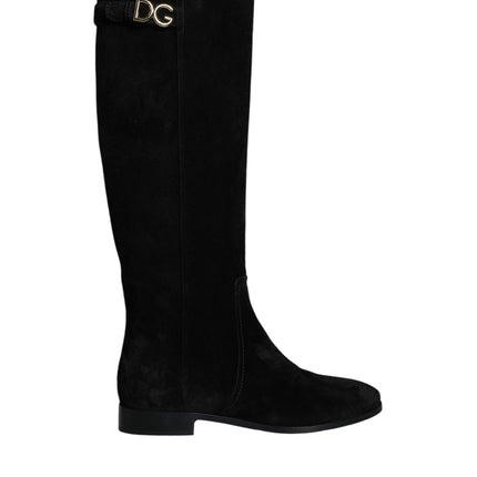 Black Suede Leather Knee High Boots Shoes