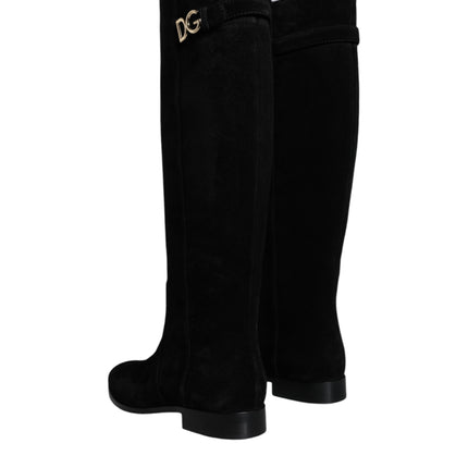 Black Suede Leather Knee High Boots Shoes