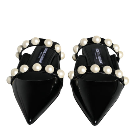 Black Leather Pearls Slides Sandals Shoes