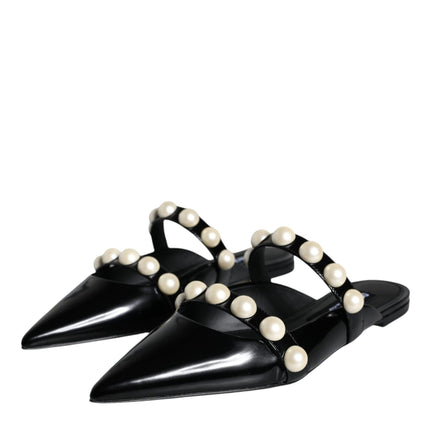 Black Leather Pearls Slides Sandals Shoes