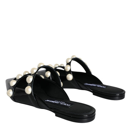 Black Leather Pearls Slides Sandals Shoes