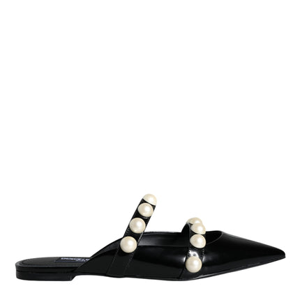 Black Leather Pearls Slides Sandals Shoes