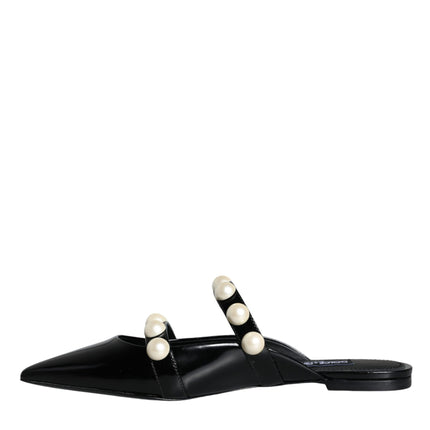 Black Leather Pearls Slides Sandals Shoes