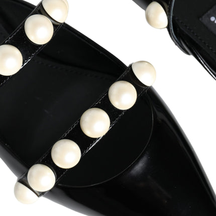 Black Leather Pearls Slides Sandals Shoes