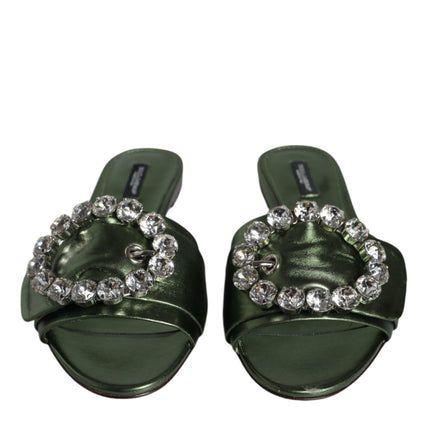 Metallic Green Crystal Leather Flats Sandals Shoes