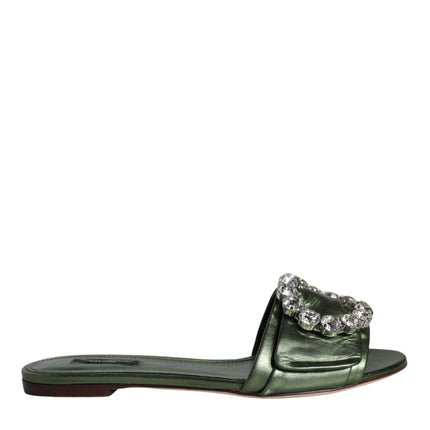 Metallic Green Crystal Leather Flats Sandals Shoes