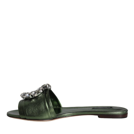 Metallic Green Crystal Leather Flats Sandals Shoes