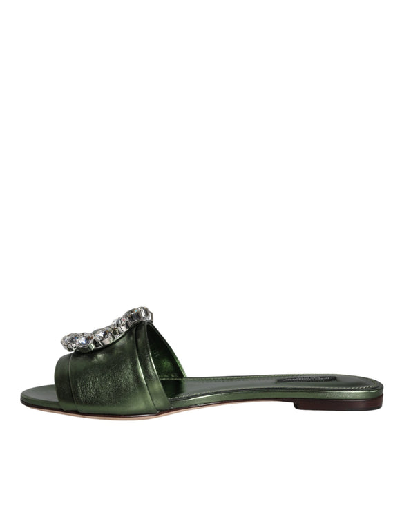 Metallic Green Crystal Leather Flats Sandals Shoes